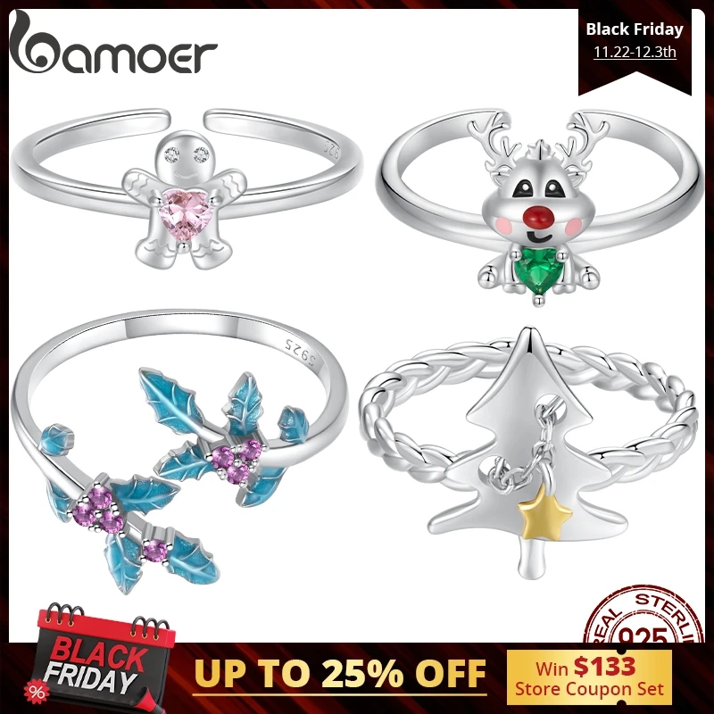 Bamoer Original 925 Sterling Silver Christmas Rings Tree Elk Holly Gingerbread White Gold Cute For Women Party Gift Fine Jewelry