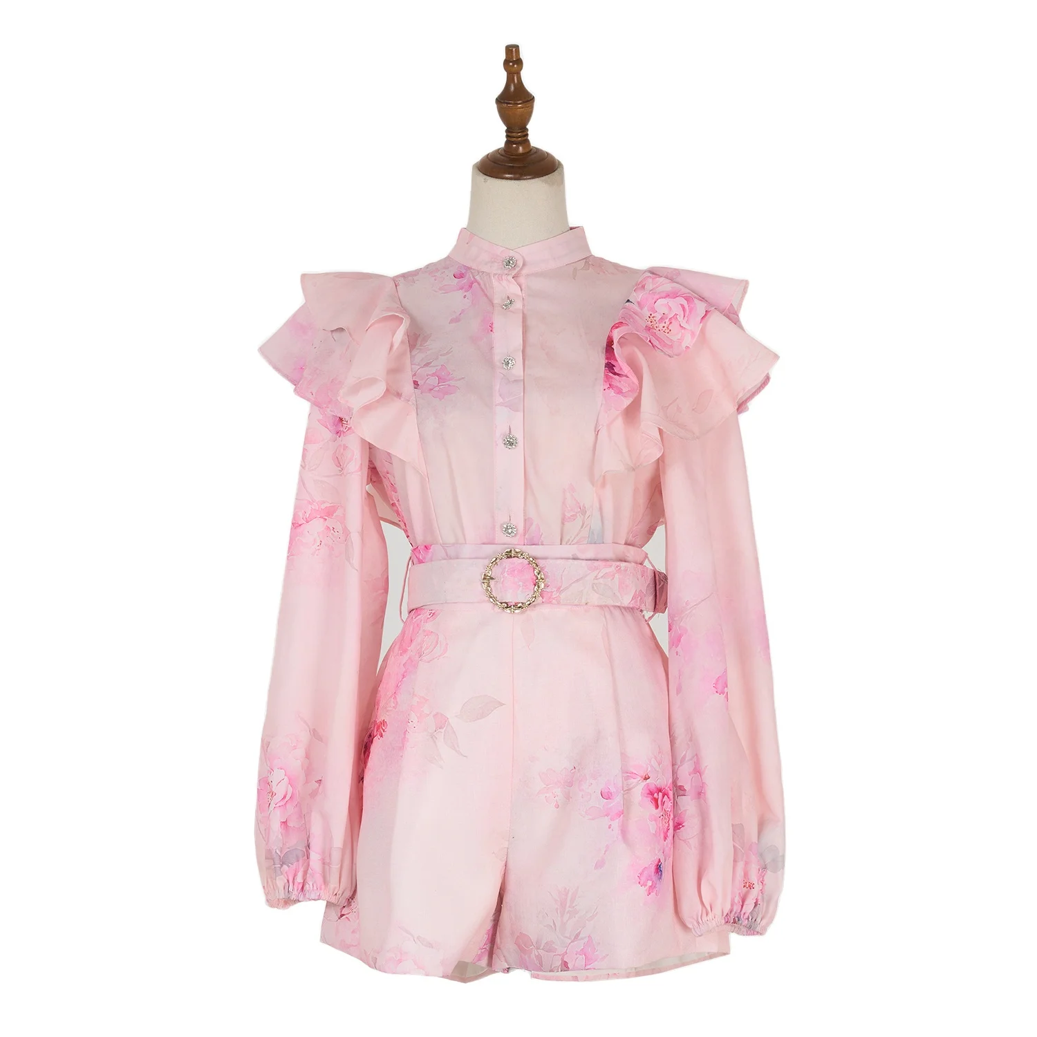 

Holiday 2025 Women's Pink Floral irt Top with Belted orts Set Large Size Spring Collection Ele Casual Outfit