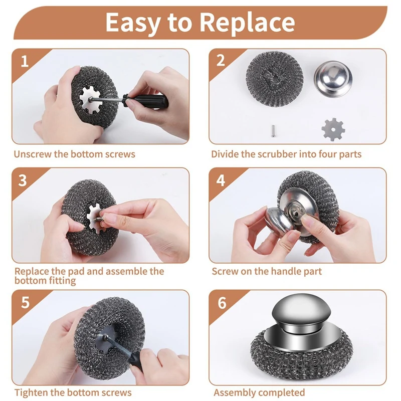 مجموعة أدوات تنظيف الصوف الفولاذية ABXF-6Pcs مع مقبض، من الفولاذ المقاوم للصدأ للمطبخ والشواية والمواقد - تتضمن جهاز تنظيف واحد و5 وسادات