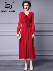 LD LINDA DELLA Elegant Evening Solid Color Women's Dress Lantern Sleeved Chic Appliques Design High Waiste Pleated Dresses