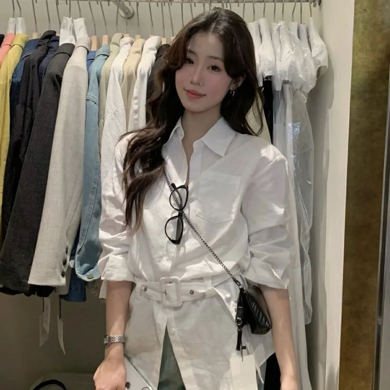 

Women's Long Sleeve Belted Cotton Shirt Loose Fit Waist Cinching Casual Top