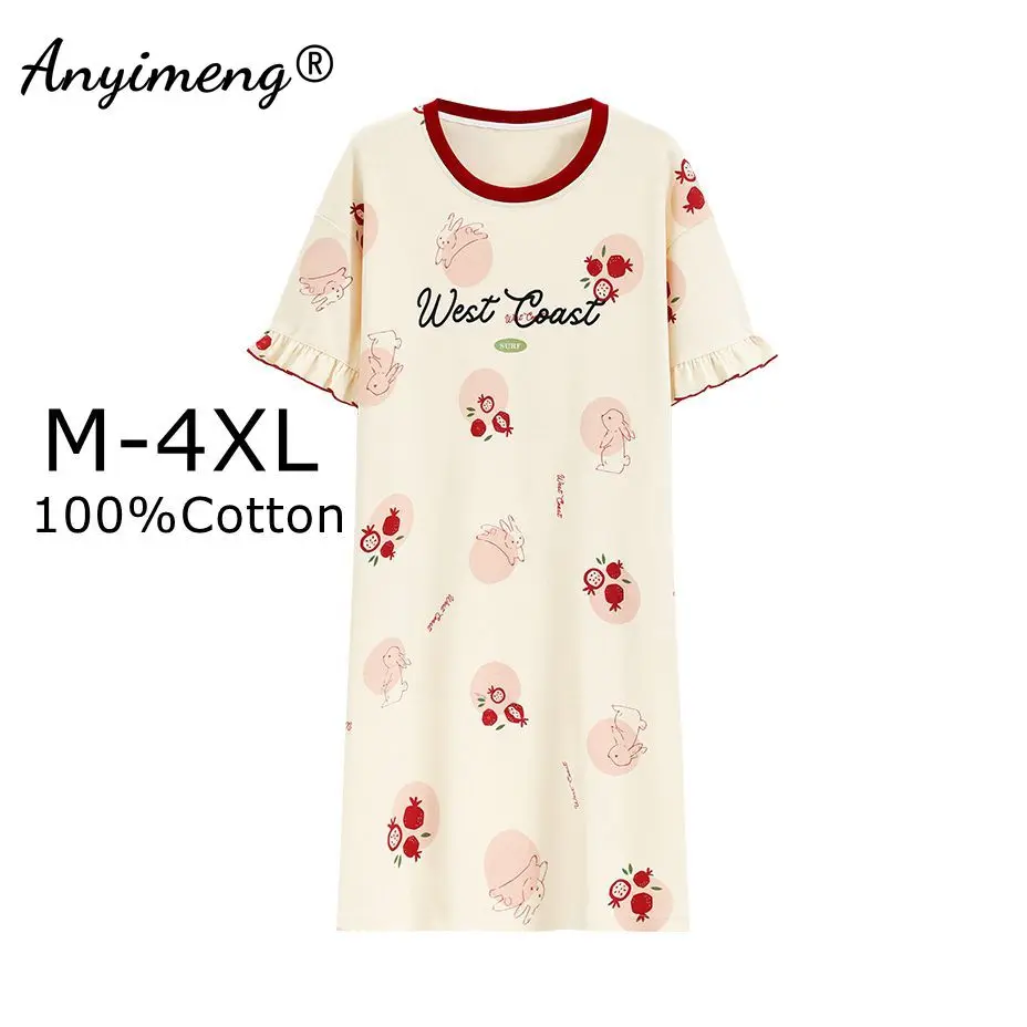 100% Cotton M-4XL Plus Size Summer Women Nightgowns Leisure Short Sleeves Sleepshirts Casual Nightdress Anti-bacterial Dresses