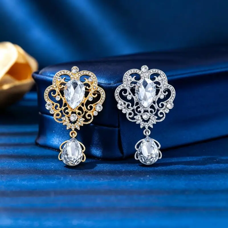 Fashion Rhinestone Crown Crystal Water Drop Pendant Brooches For Women Coat Jewelry Accessries Gifts