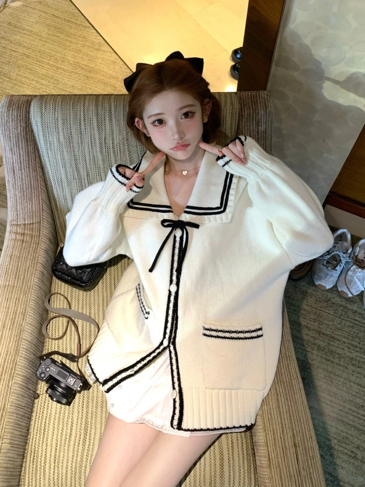 اليابانية Kawaii المتضخم التعادل طوق سترة المرأة الحلو محبوك الصوف سترة فضفاضة نمط Preppy جيوب الموضة معطف غير رسمي