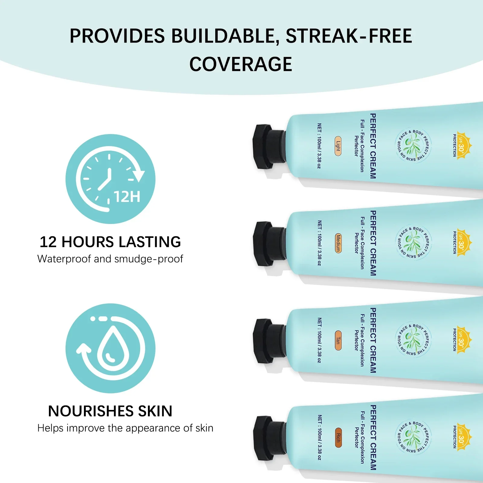 GROEI 100 مل كريم مثالي خفيف/متوسط/أسمر/غني، مصحح لون الجسم 3 في 1، سائل SPF30 BB مقاوم للماء لجميع أنواع البشرة