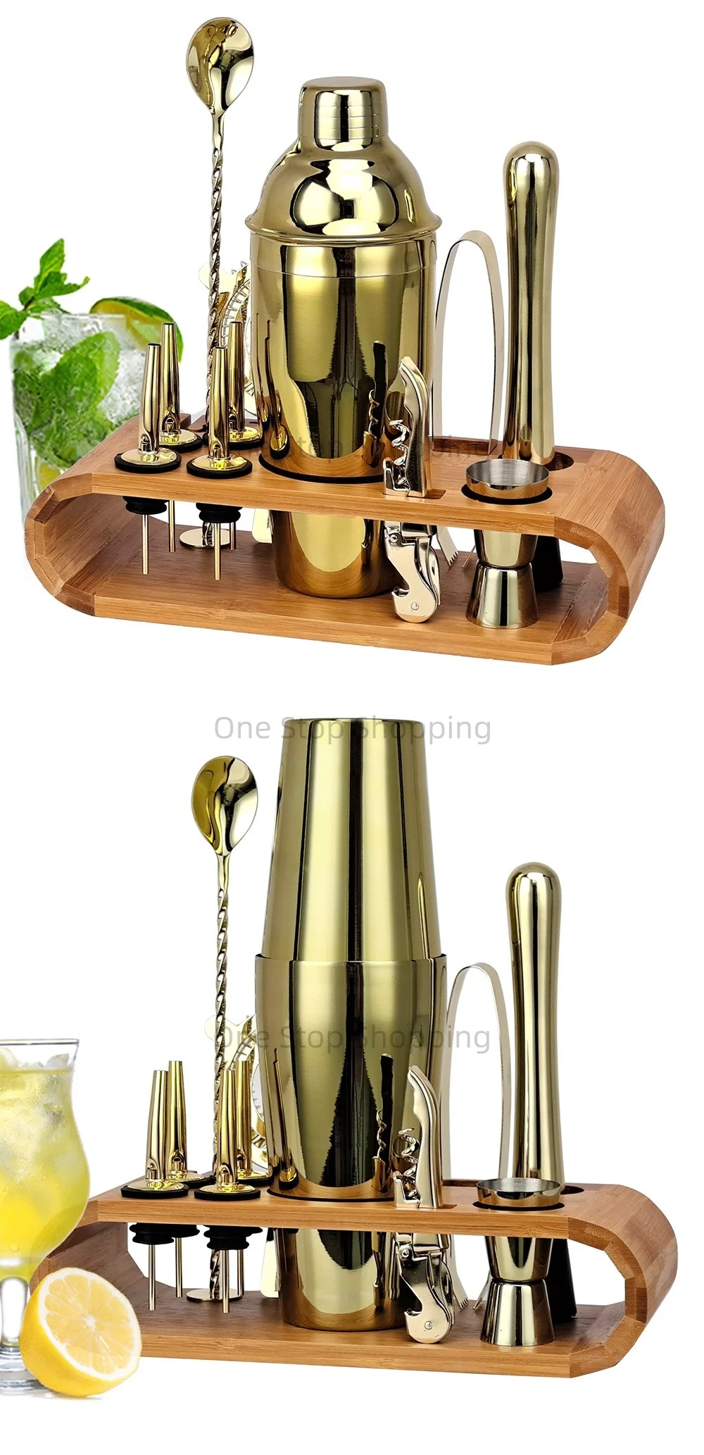 12PCS Cocktail Shaker Set Barkeeper Kit Bar Set Bambus Ständer Matini Shaker Rührlöffel Muddler Jigger Cocksrew für Barware Set – Detail 8