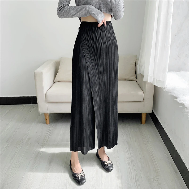 2023 Pleated Straight Pants Women Elastic Slim Fit Wide Leg Trousers Obliquely New Spring Summer Autumn Woman Loose Casual Pants