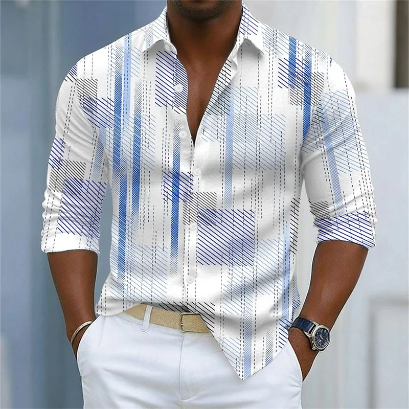 Men's Shirt with Simple Geometric Lines Printed in Contrasting Colors, Loose Long-Sleeved Top, Daily Casual Versatile Shirt