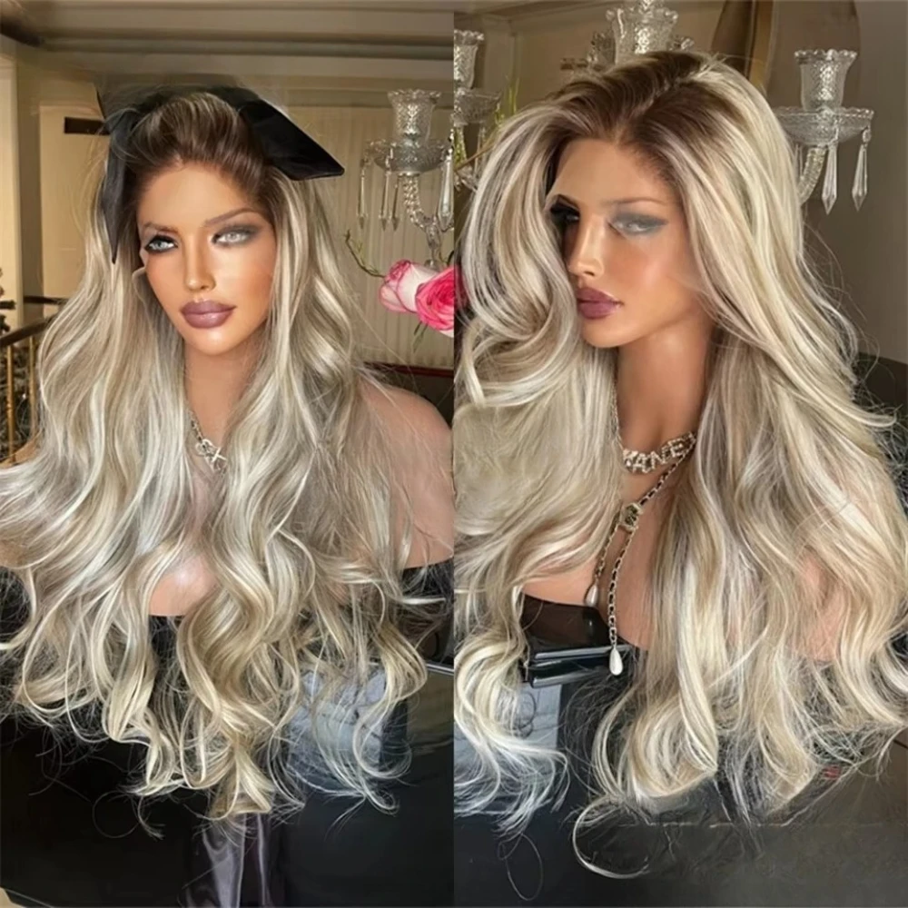 

Ash Blonde with Ombre Brown Root Body Wave Lace Front Wig 250 Density Lace Front Wig for Women 13x4 HD Lace Front Wig Human Hair