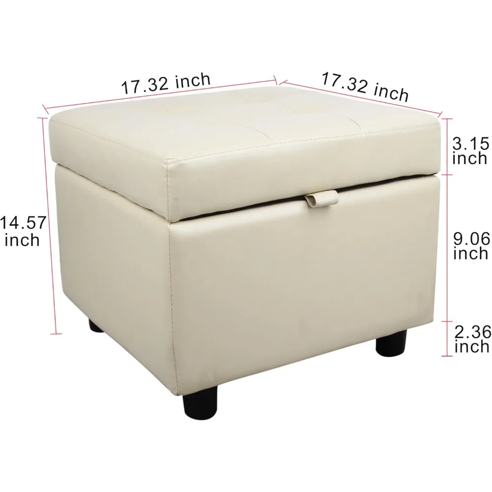 Tufted Leather Square Flip Top Storage Ottoman Cube Foot Rest (Cream with Storage)