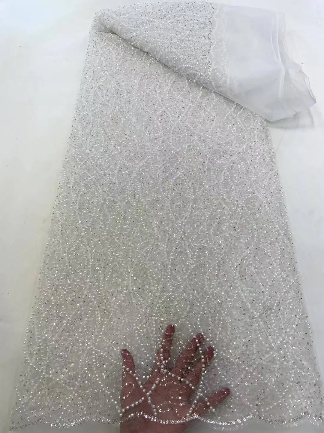 

Latest Hot Sale Fashion Africa Lace Fabric High Quality Handmade Embroidery Lace With Beads Sequins Party For Wedding Dress