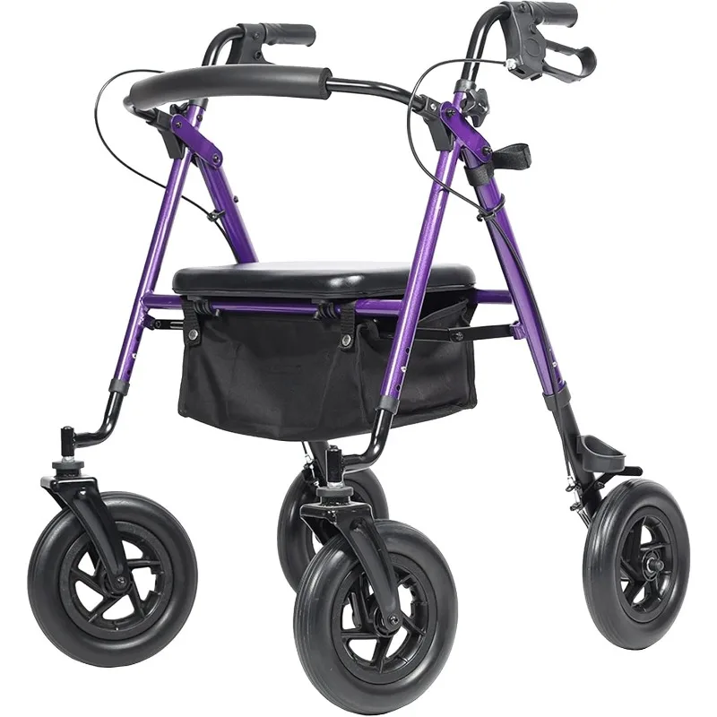 All-Terrain Rollator Walker with 10” Rubber Wheels, Padded Seat & Backrest, Under-seat Basket for Seniors, Purple