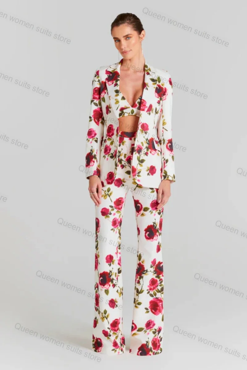 

Floral Printed 2 Piece Women Suits Pants Set Blazer+Trouser Formal Office Lady Tailored Wedding Tuxedo Cotton Coat Prom Jacket