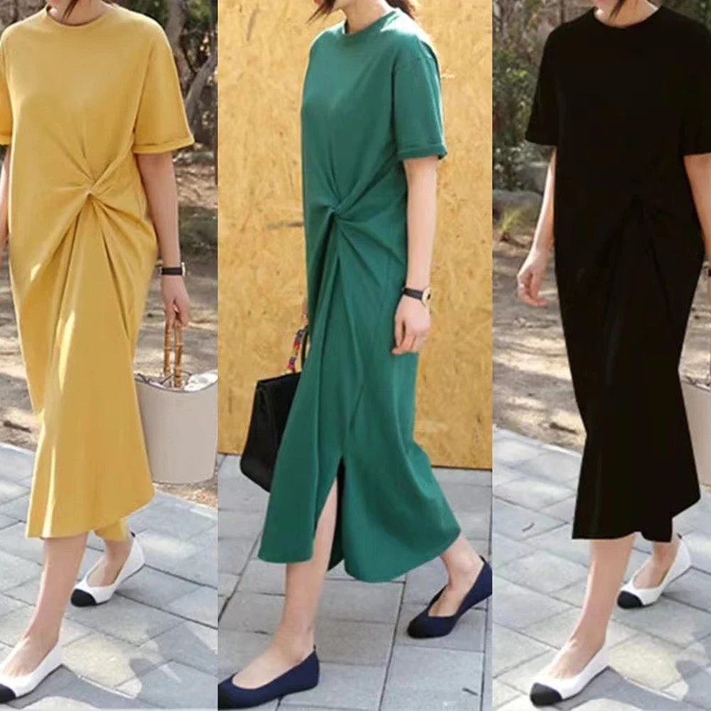 

Simple Female Clothing Solid Color Kink Fold Design Summer Loose-fitting Short Sleeve Pullover T-Shirt Mid-Length Dresses