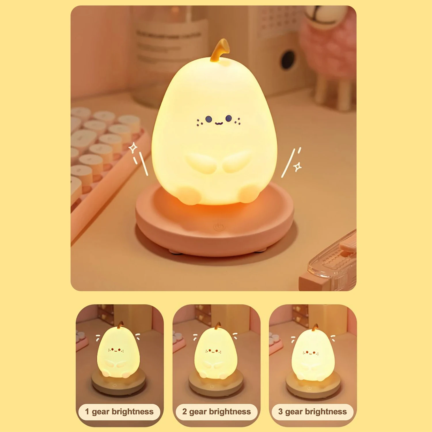 New Silicone Night Light Cute Pear Rabbit Bedside Lamp Touch Sensor Dimmable Rechargeable Night Lamp   Baby Bedroom Decor