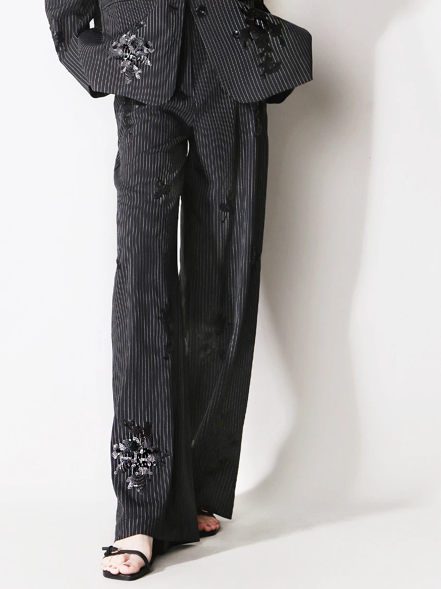 

Повседневные брюки прямого кроя с вышивкой, вертикальными полосками и расклешенными штанинами F61, комплект длинных брюк с вышивкой блестящими бусинами и цветами