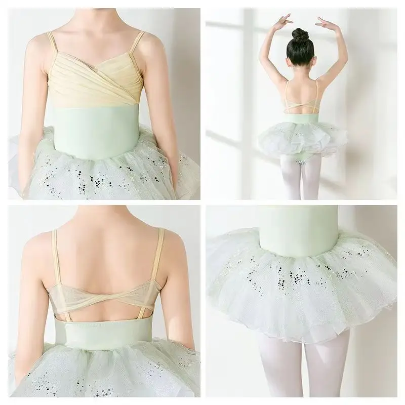 Girls Ballet Dance Dress Kids Child Sleeveless Stitching V-Neck Gymnastics Leotard Practice Professional Stage Dance Wear