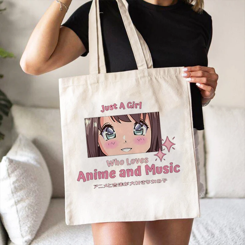 Leinwand Tasche nur ein Mädchen, das Anime Einkaufstasche Schulter Shopper Taschen Frauen Öko faltbare wieder verwendbare Einkaufstaschen Reise Handtaschen liebt