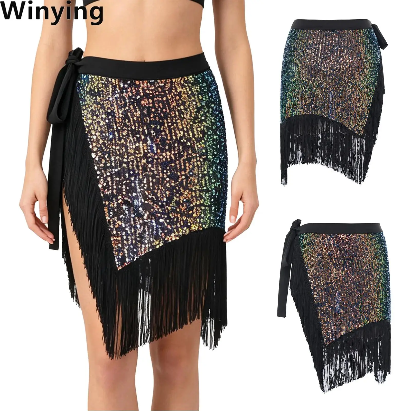 Women Latin Belly Dance Skirt Fringed Wrap Skirt Glitter Sequin Irregular Hem with Tassel Lace-up Hip Scarf Waist Chain
