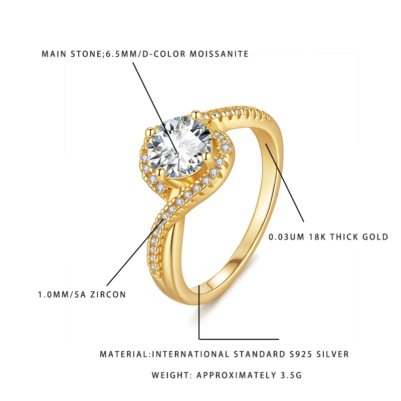 

Кольцо с муассанитом Twisted Halo для женщин | Позолоченное 18-каратным золотом серебро S925 | Камень цвета D, 6,5 мм