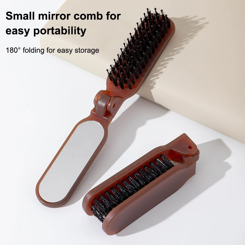 Mane Bristle Hair Brush Foldable Portable Comb With Mirror Pocket Collapsible Travel Massage Hair Styling Tool Salon Gift!~