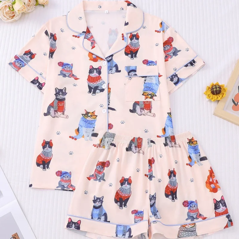 

SURI Cute and funny cat full printed household clothes foundation make-up short sleeved shorts pajamas for women