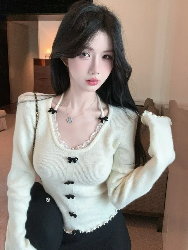 

Autumn Winter Knitted Shirt Women's Long Sleeve Knot Lace Base Shirt Inner Wear Casual Luxury Style Standard Version