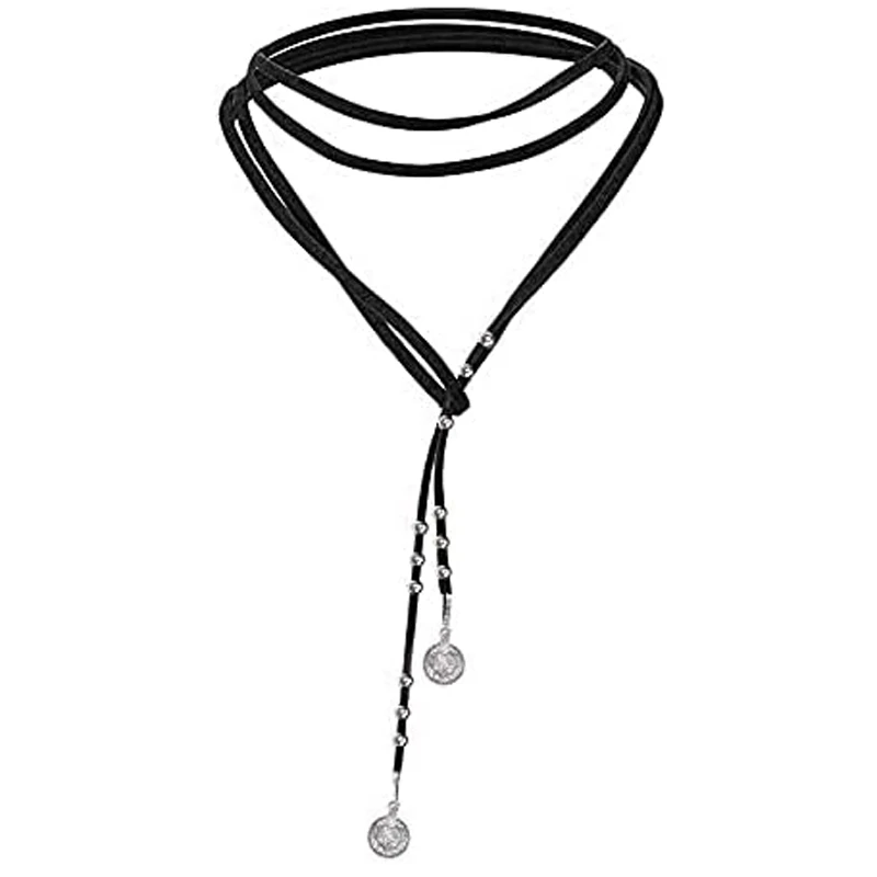 Long Chain Tassels Disc Boho Brown Black Wrap Velvet Choker Necklace Multiway Layered Necklace for Women and Girls