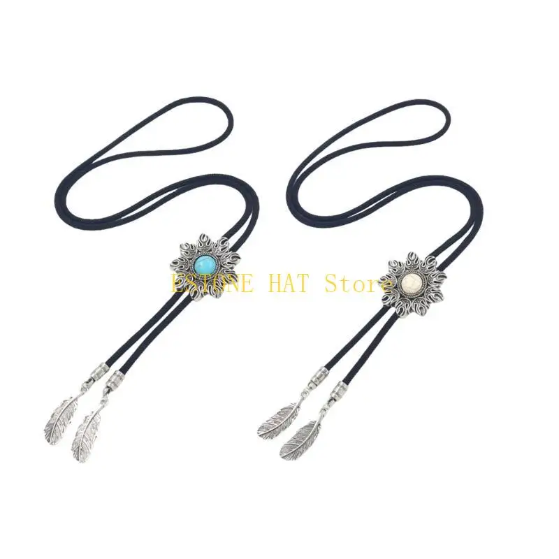 49MF Bolo Tie Necklace Metal Sun Turquoises Stone Necktie for Western Theme Parties