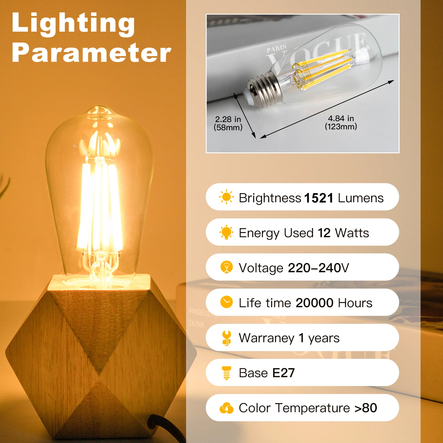 Vintage Style Dimmable E27 Filament Light Bulbs - Set of 3, Warm White 2700K, 1521 Lumens, 12W 220V-240V ST58 Bulbs, Equivalent 