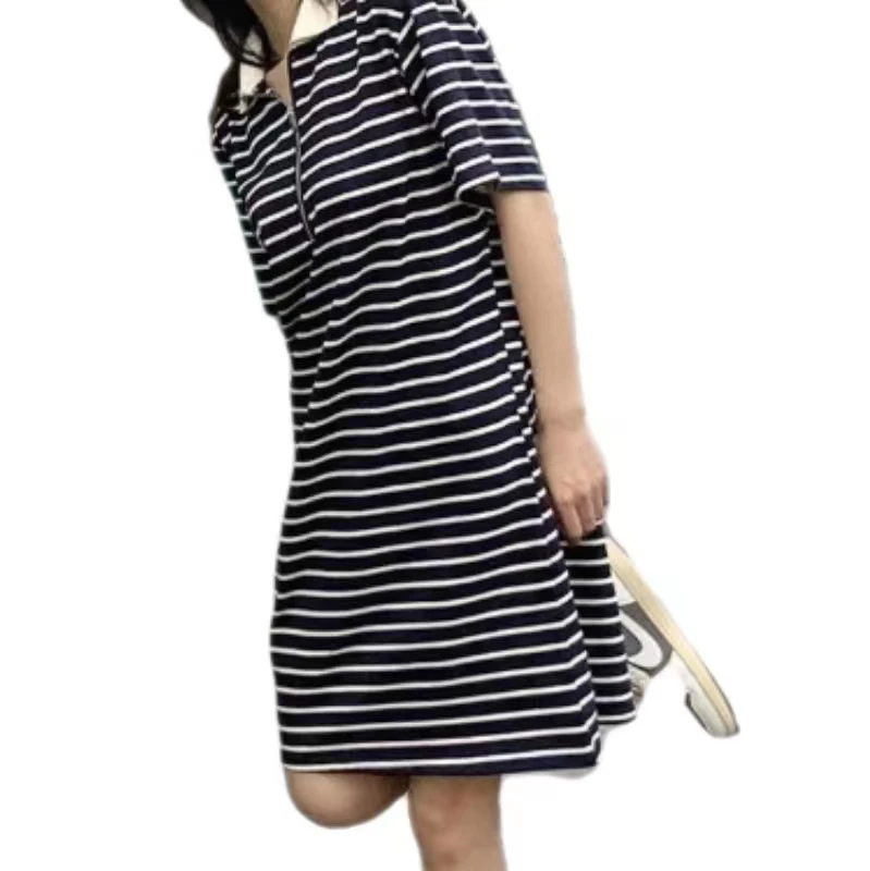 Simple college wind summer thin zipper polo collar loose all-match color stripe ins dress