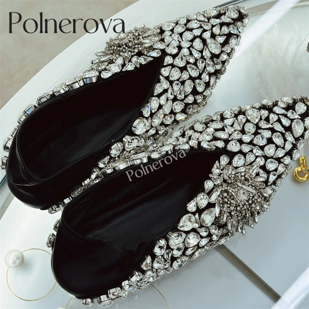 Crystal Embellished Ballet Flats Pointed-Toes Leather Shoes Luxurious Designer Style Handmade Shoes Bling Bling Rhinestone Shoes