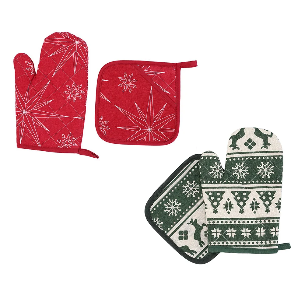 

2Sets Heat Resistant Microwave Oven Mitts Non Slip Baking Gloves Insulation Pads Christmas Kitchen Cooking Gloves