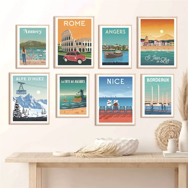 Impresión en lienzo de paisaje urbano costero mediterráneo, arte de pared para sala de estar, decoración del hogar, Francia, Riviera, España, Barcelona, Santorini, Italia