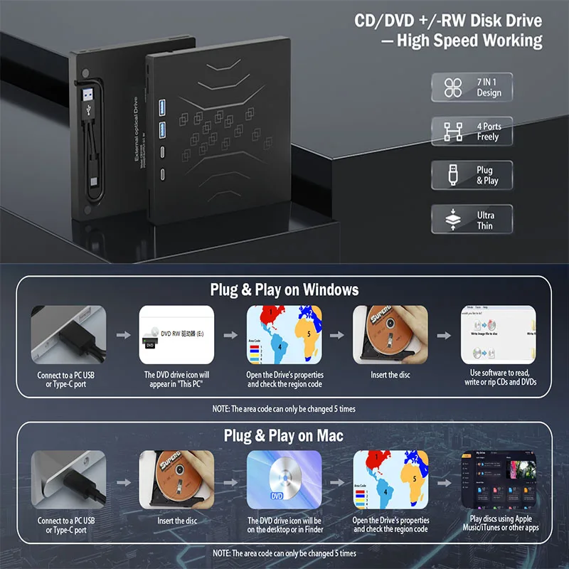 ​External CD/DVD Drive for Laptop DVD Player for PC Laptop 7-in-1 USB3.0 Portable External Disk Optical Drive CD Burner