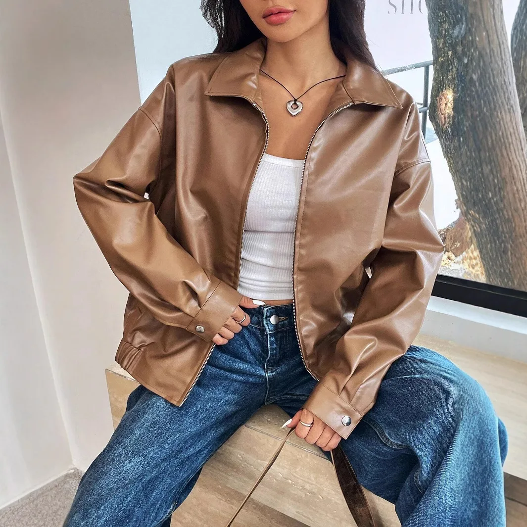 Solid Long Sleeve PU Leather Moto Jacket Women's Lapel Casual Outerwear 2