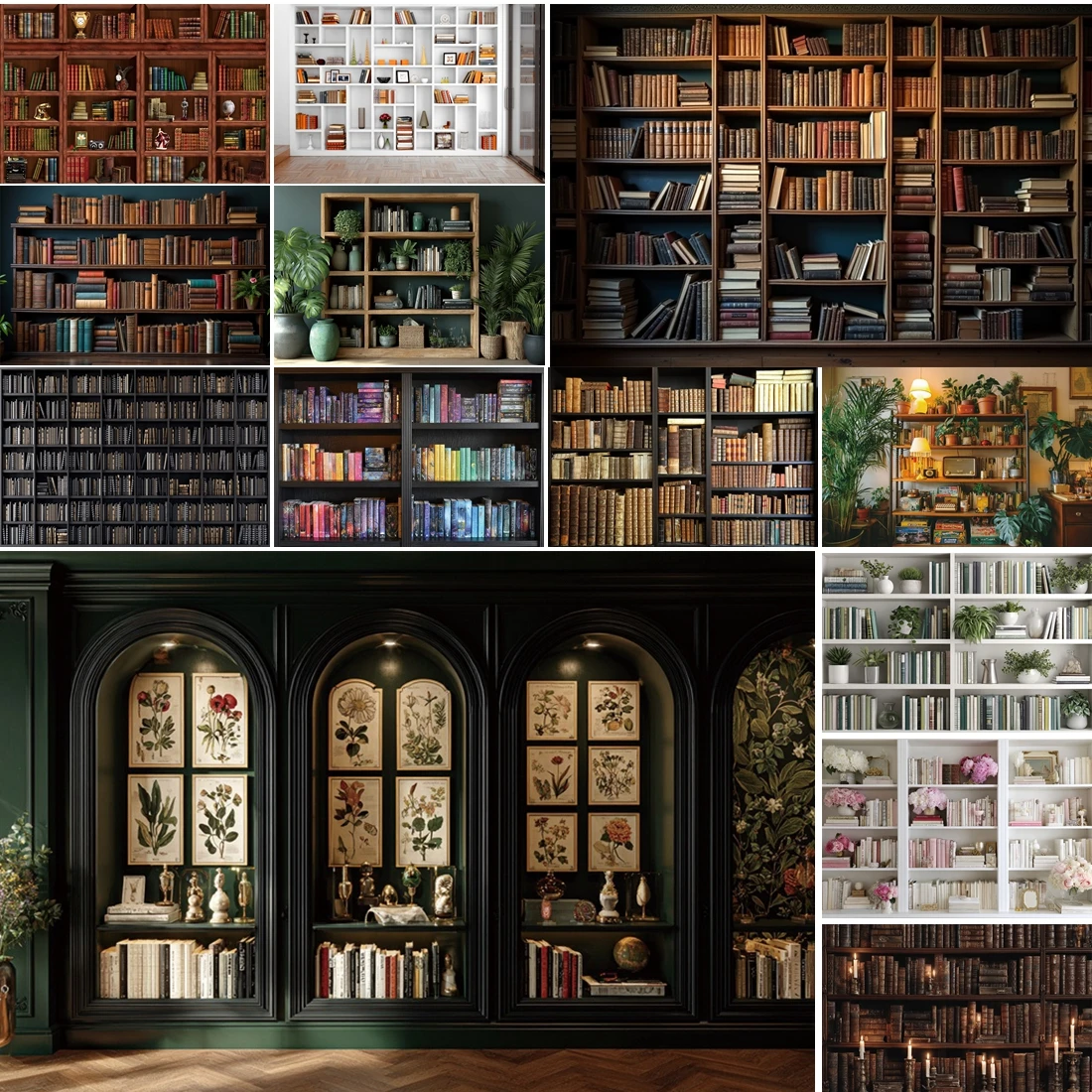 

MOON.QG Vintage Bookcases Library Greenery Shelves Background Backdrop Kid Studio Photobooth Birthday Studio Decoration Portrait