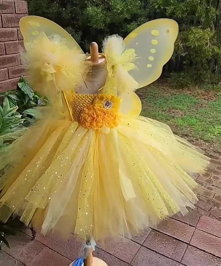 Sparkly Pink Fairy Costume for Girls Flower Fairy Princess Dresses Kids Halloween Outfit Christmas Tutus with Wings Stick