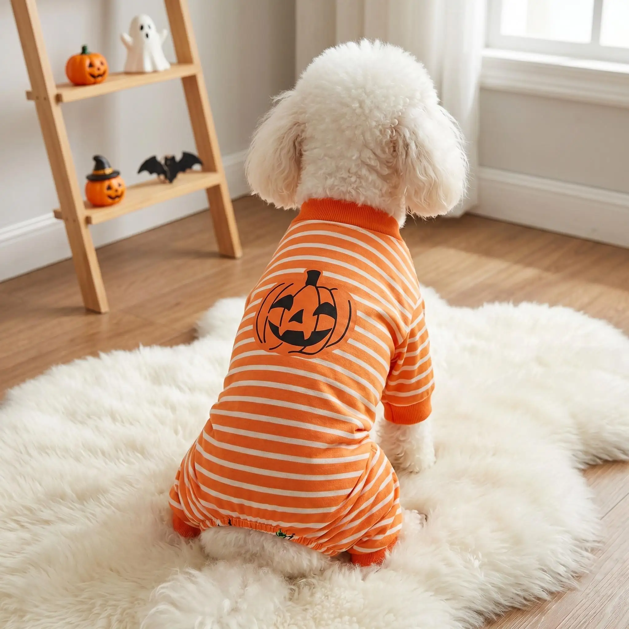 Halloween Orange-Weiß Gestreifter Hunde-Vierbeiner-Anzug Kürbis-Patch Welpen-Bodysuit Einteiler Pyjama Kleidung für Kleine Mittelgroße Hunde Katzen – Detail 1