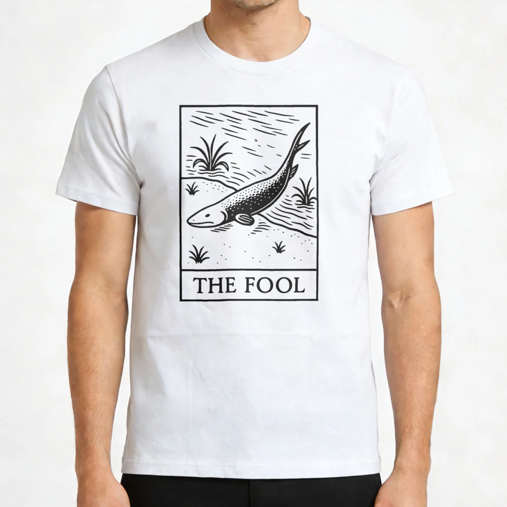 The Fool Tarot Card Shirt Featuring Fish Walking Tarot Graphic Tops Men Clothes O-neck High Quality Cotton Y2K T Shirt