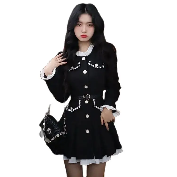 Xiaoxiangfeng Dress Belt 2024 New Y2k Mini Dress Woman Long Sleeve Elegant Short Party Casual One Piece Dress Korean Fashion