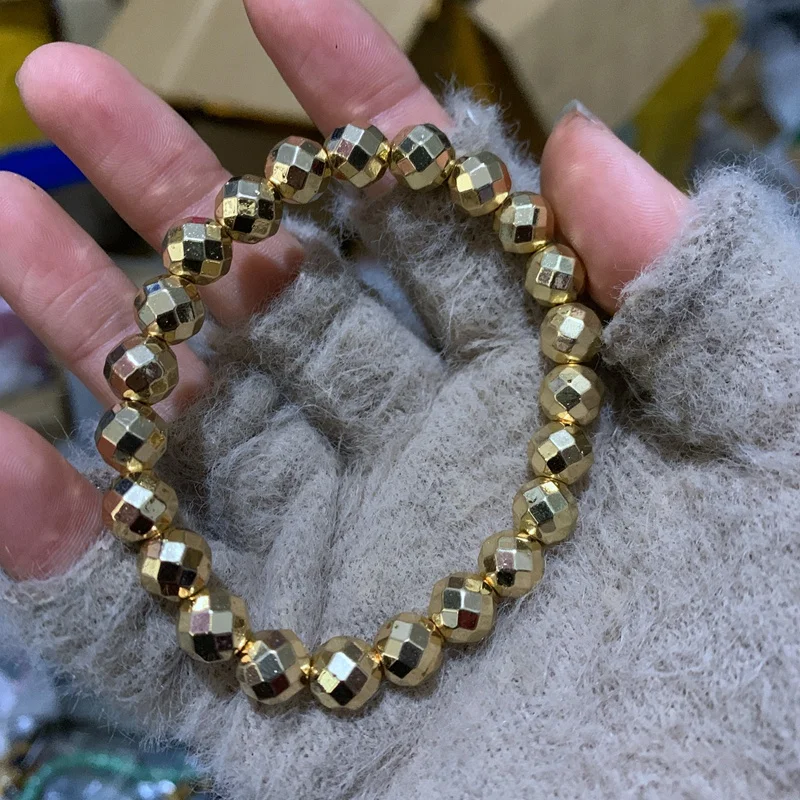 Natural Gold Pyrite Stone Faceted Beads Bracelet 8mm Pyrite Crystal Wrist Ornament Dropship