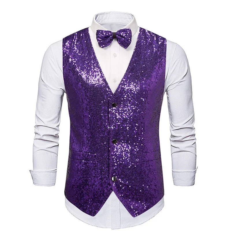 2024 New Men Luxury Sequin Suit Vest Green / Red / Silver / Purple Singer Stage Performance Trend Dress Waistcoats Top