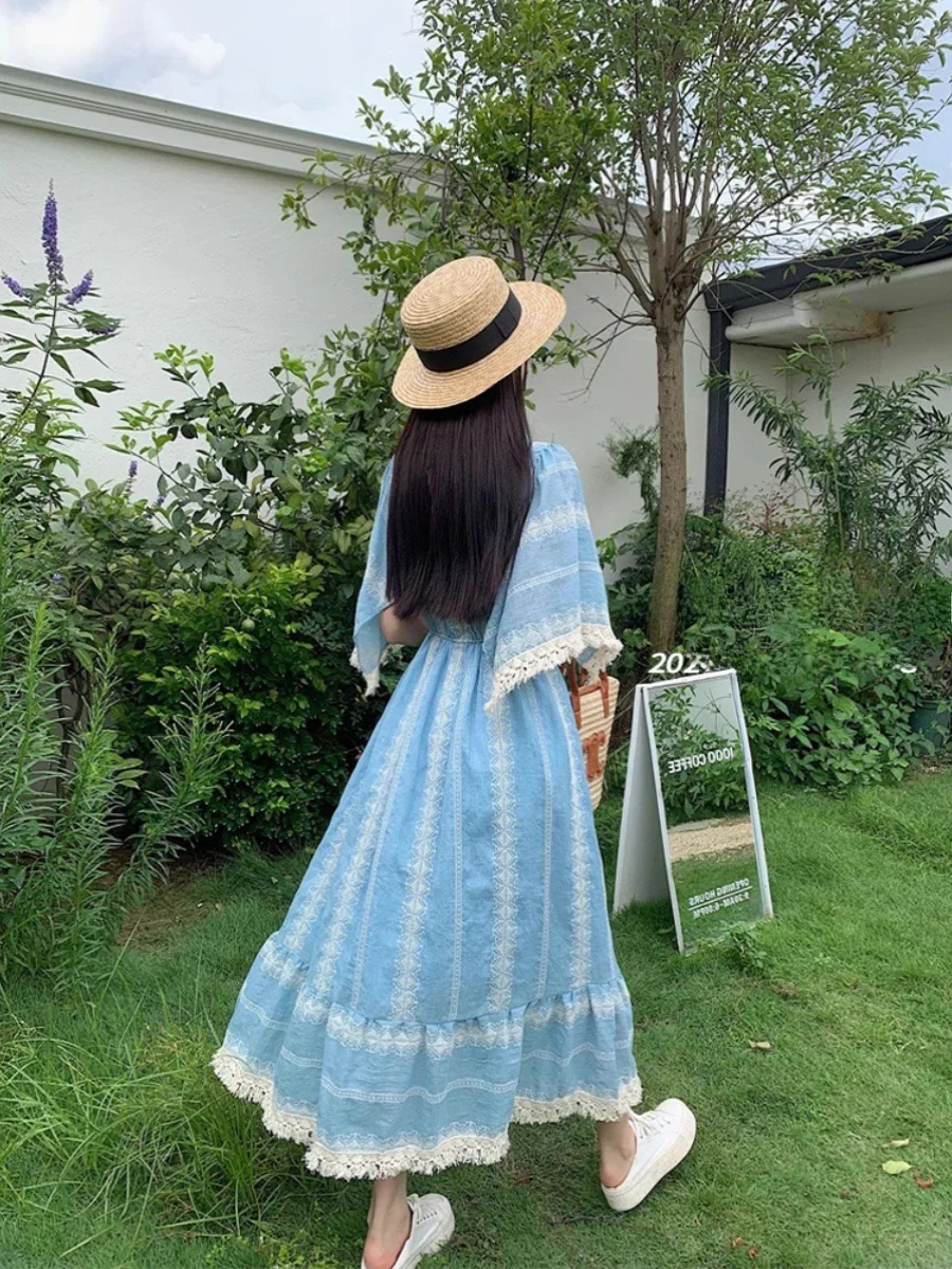 블루 V 넥 보헤미안 비치 휴가 스타일 롱 드레스 여성 플러스 사이즈 여름 여행 의류 a 라인 스커트 반소매