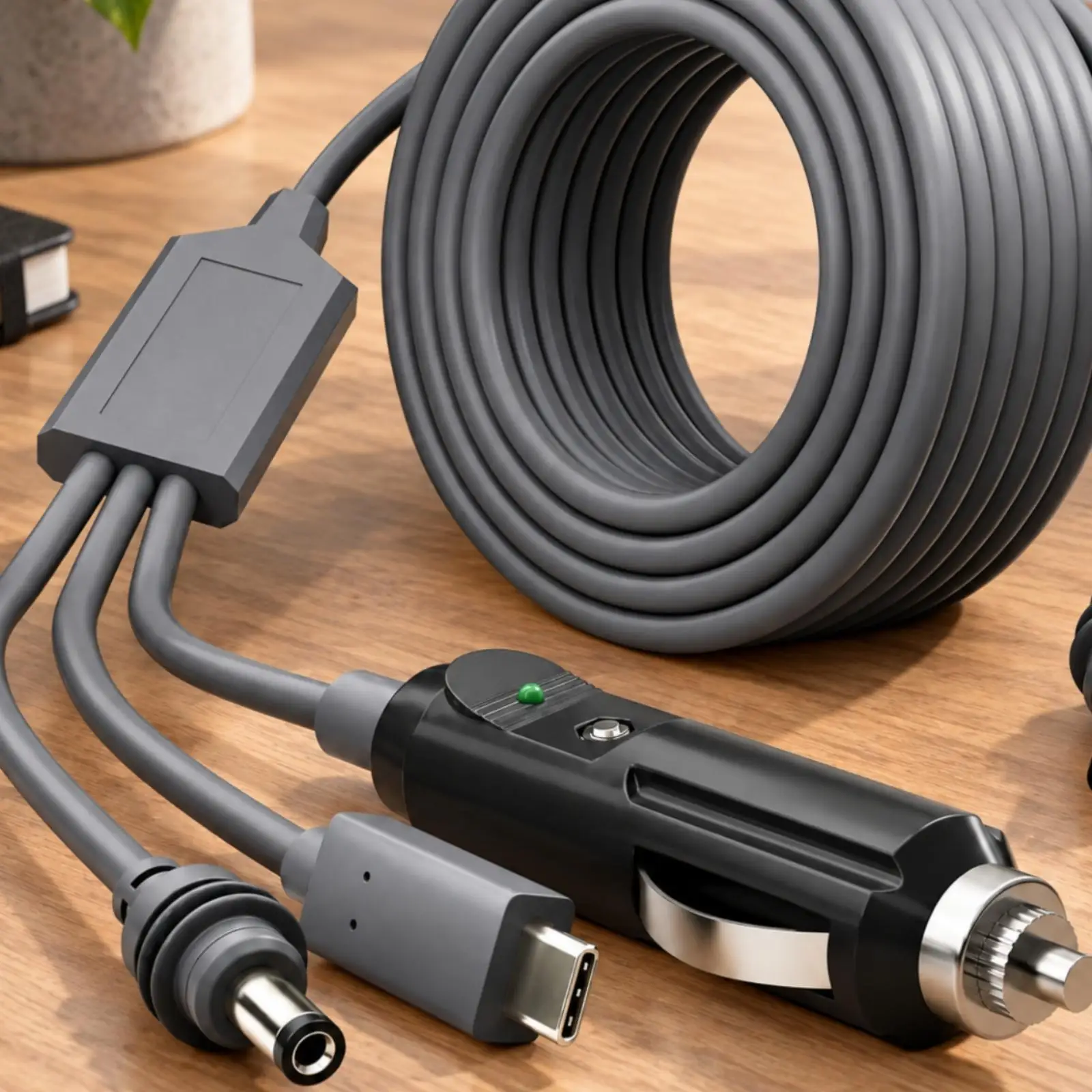 Car Socket Power Cable with Molded Connectors and Light Indicator for USB C and DC Accessory Use