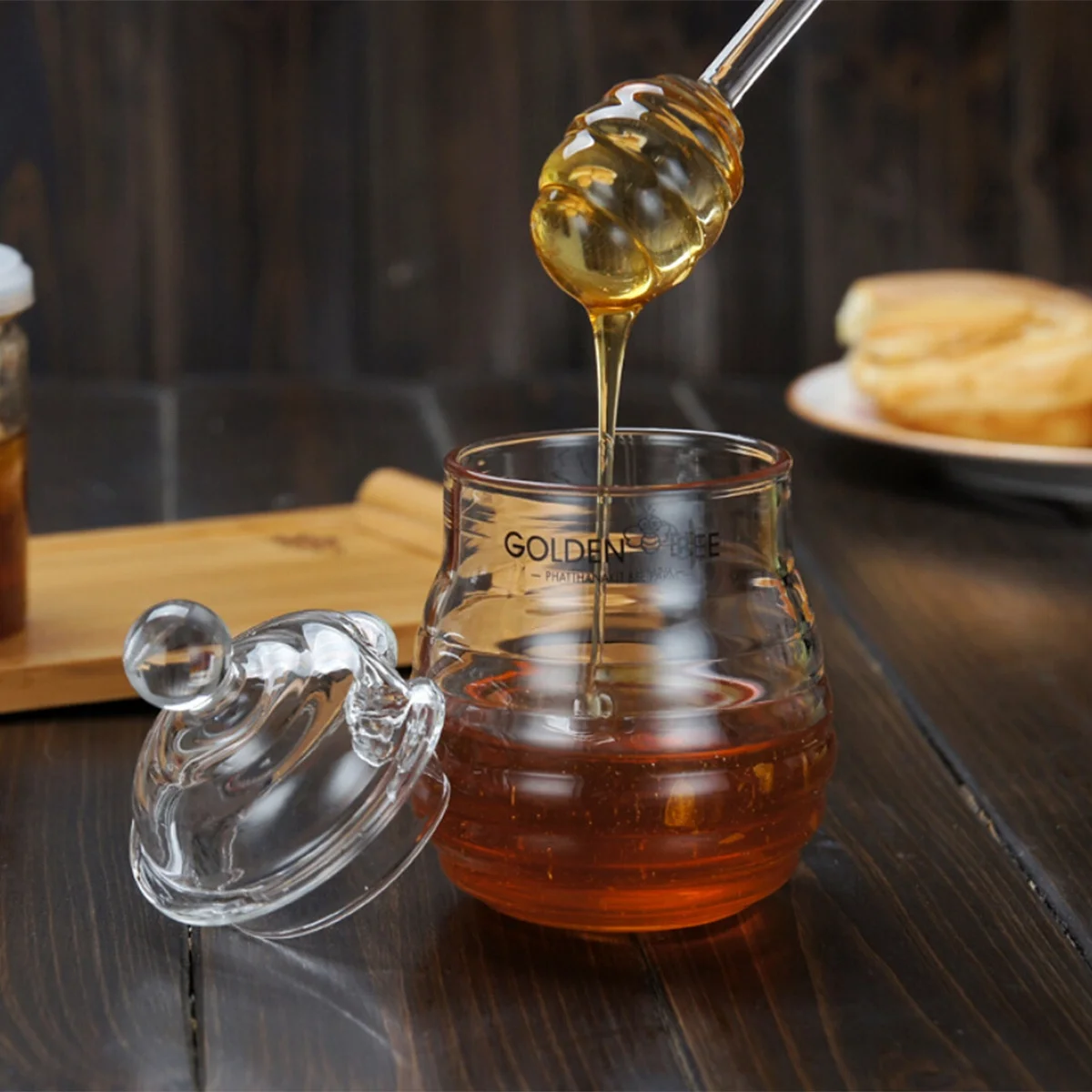 

2Pcs Glass Honey Pot Spiral Design Transparent Borosilicate Safe Use Home Kitchen Honey Jar Dipper Set Clear Jars