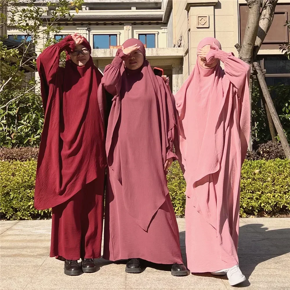 

Prayer Dress Crepe 2 Piece Set Muslim Women Long Sleeves Abaya Dress+Two Layers Khimar Hijab Scarf Islamic Clothing Robe Dubai