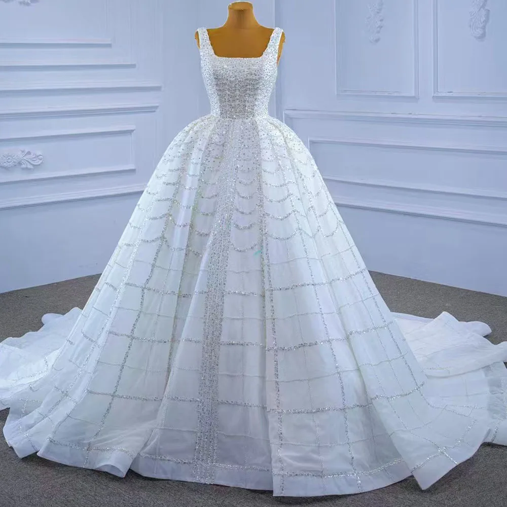 Luxury Wedding Dress Square Collar Sleeveless Lace Up Back Sequined Ball Gown Robe De Mariée