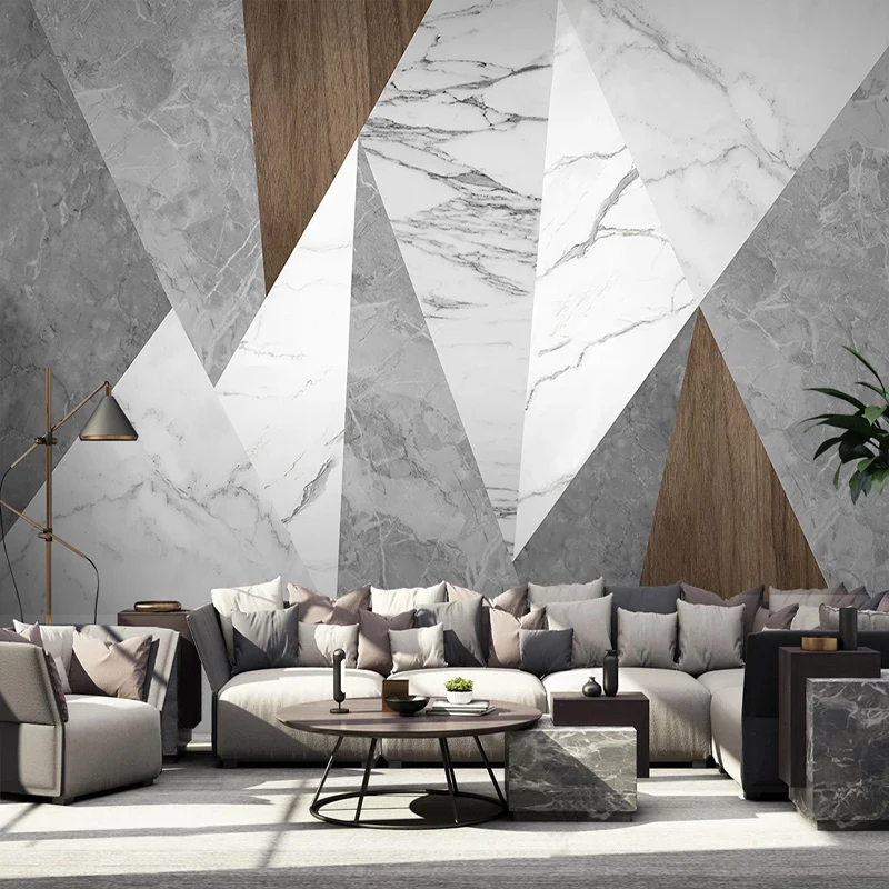 Custom 3D Modern White Marble Wood Grain Geometric Living Room TV Wall Mural Wallpaper for Bedroom Hallway Office Decoration