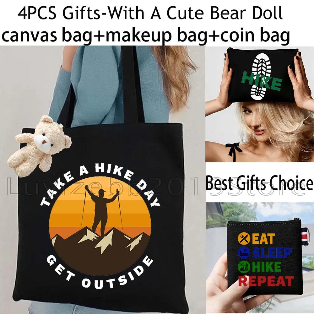 4PCS Hike Hiking Lover Gifts Black Shopper Canvas Tote Bag Casual Handbag,Cosmetic Makeup Bag,Coin Purse Wallet Zipper Pouch